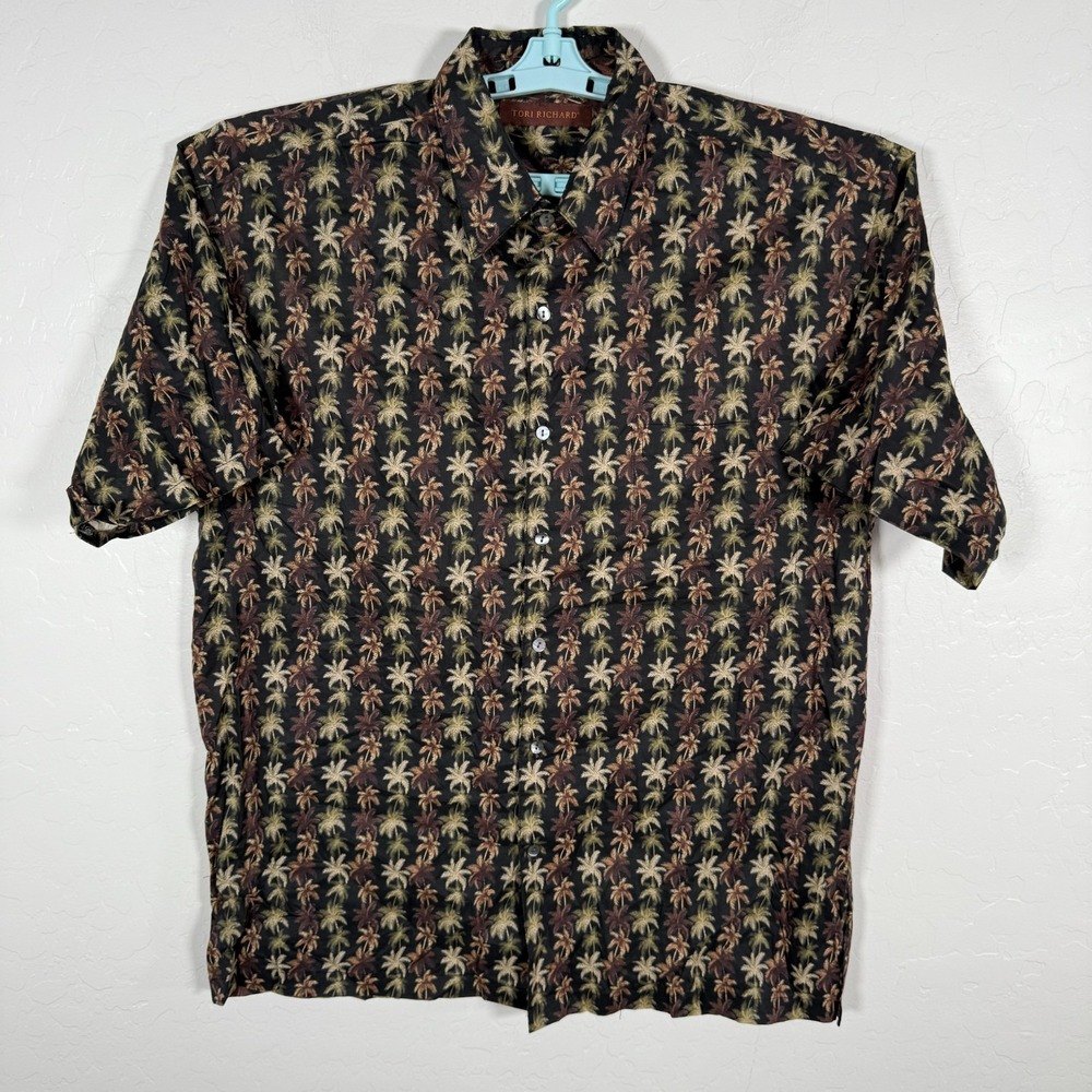 Tori Richard Shirt Mens Medium Black Hawaiian‎ Camp Floral Palms Cotton Lawn